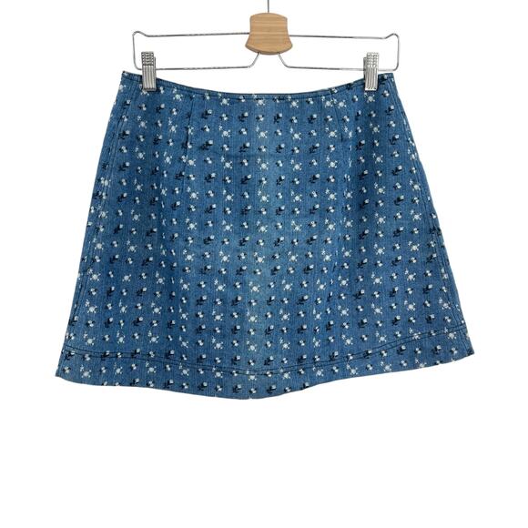 Manoush Mini Skirt Chambray Denim Embroidered Floral Zip Blue Size 42 US 8‎ - Picture 5 of 8